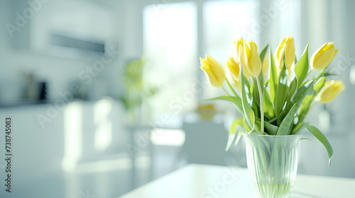 A bouquet of tulips on the kitchen table with a place to copy. #738745083