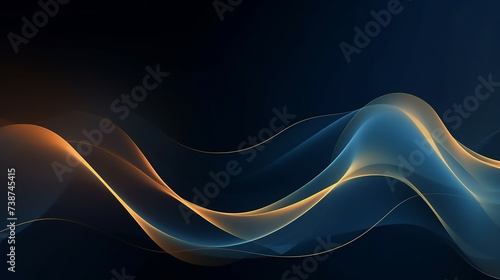 gold wave glow blue gradient black background. Fluid golden wave. Intertwined gold shapes. Abstract gold light lines on black background. 