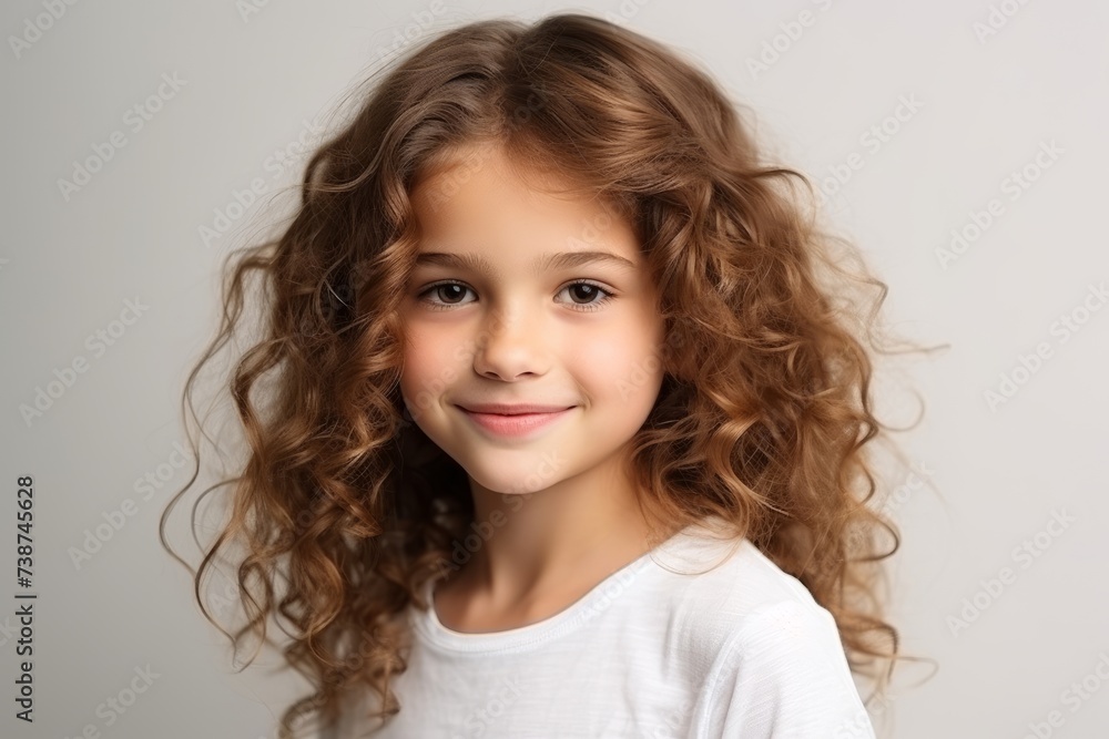 Portrait of a cute little girl with long curly hair over grey background Portrait of a cute little girl with long curly hair over grey background