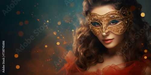 Woman masked symbolizing imposter syndrome concealing insecurities with an enigmatic allure. Concept Imposter Syndrome, Masked Identity, Concealed Insecurities, Enigmatic Allure, Woman Portraits