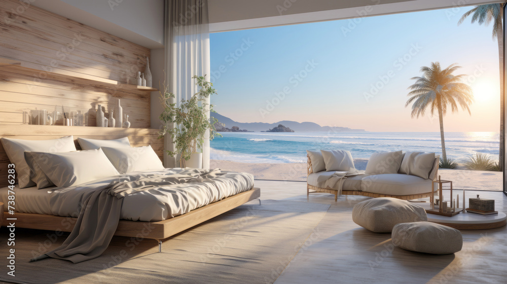 Luxury Hotel Modern interior bedroom with large windows. Summer scene ocean side. Summer, travel, vacation, dreams holiday, resort