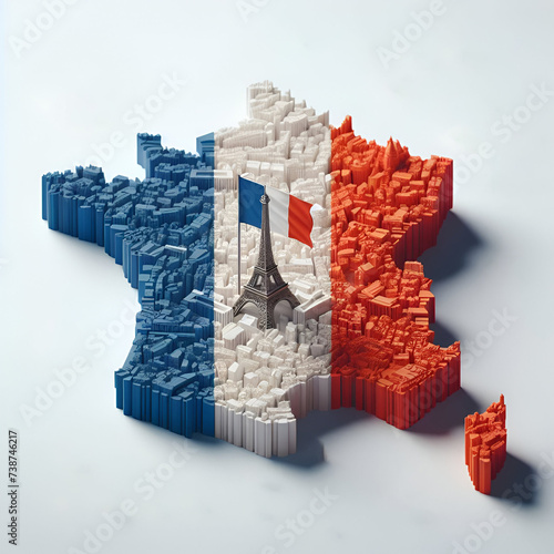 France 3d render map. France country map with its flag isolated on it. 3d illustration design, geographical, topography map