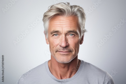Handsome mature man with grey hair. Portrait of handsome mature man looking at camera and smiling while standing against grey background