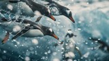 Penguins Dive in Crystal Waters - Capture the serene moment as a group of penguins plunge into the crystal-clear ocean, their sleek bodies effortlessly slicing through the water amidst a flurry of bub