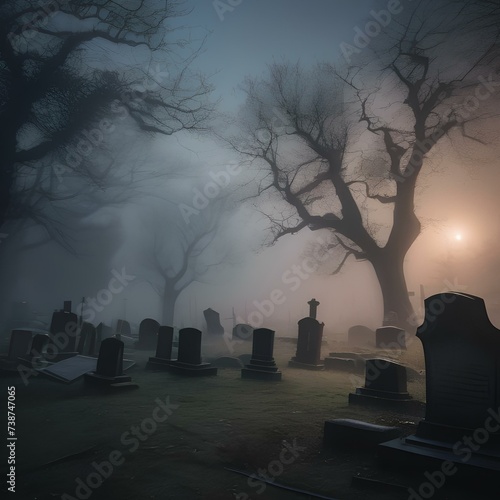 A spooky graveyard at midnight, with tombstones and gnarled trees, shrouded in mist and mystery5