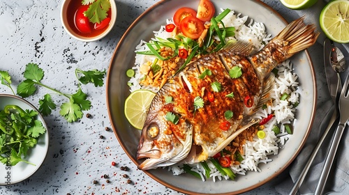 Thai pla rad prik crispy whole fish topped with spicy chili sauce, served with jasmine rice and vegetables photo