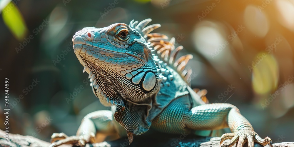 Obraz premium A lizard basking in the sun, its scales detailed in a close-up shot , concept of Reptilian sunbathing behavior