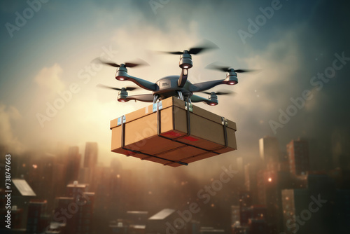The drone transports the box, air delivery