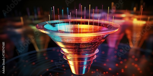 Digital marketing funnel holographically displaying live data and dynamic compositions with copy space. Concept Digital Marketing, Funnel Visualization, Live Data, Dynamic Compositions, Copy Space