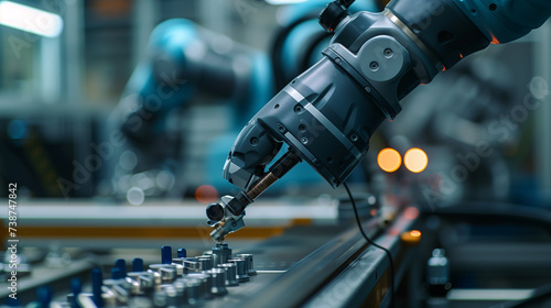Precision robotic arm actively working on an assembly line in a high-tech manufacturing plant.