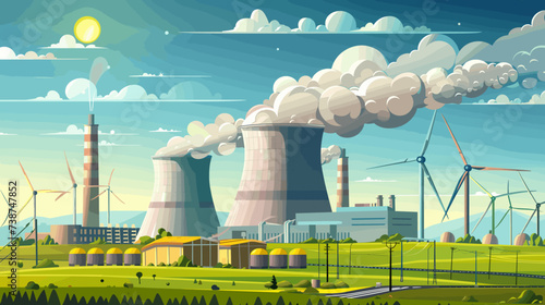 Renewable energy with traditional power generation methods. It features a scene with a large power plant in the center