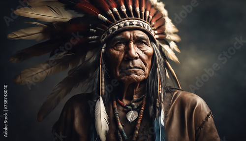 Portrait of an old Indian man. Indian in war paint on a smoky grunge background. Courageous warrior. Native American people. AI generated