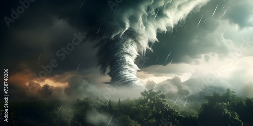 Tornado wreaking havoc with debris caught in its powerful funnel cloud. Concept Severe Weather, Natural Disasters, Tornado Damage, Devastation, Power of Nature photo