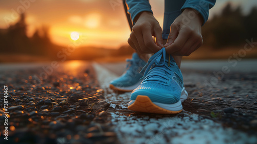 Close-up of a woman's hands tying running shoes, ready for a jog at dawn, emphasize determination and preparation. photo