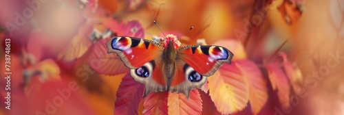 peacock butterfly in autumn on a branch with red and orange autumns leaves. 