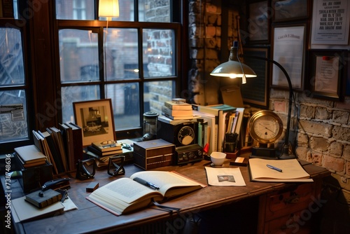 Soft lamp light cascades over an open book amidst a tidy desk in a cozy office corner. © Abdul
