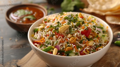 Indian bhel puri street snack made with puffed rice, chopped vegetables, and tangy chutneys photo