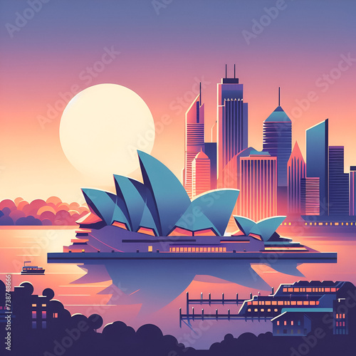 A flat vector skyline illustration of Sydney, Australia. Beautiful aerial view of the the city, modern architecture, clean environment. photo