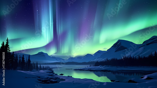 Northern lights over snowy mountains, coast, reflection in water at night