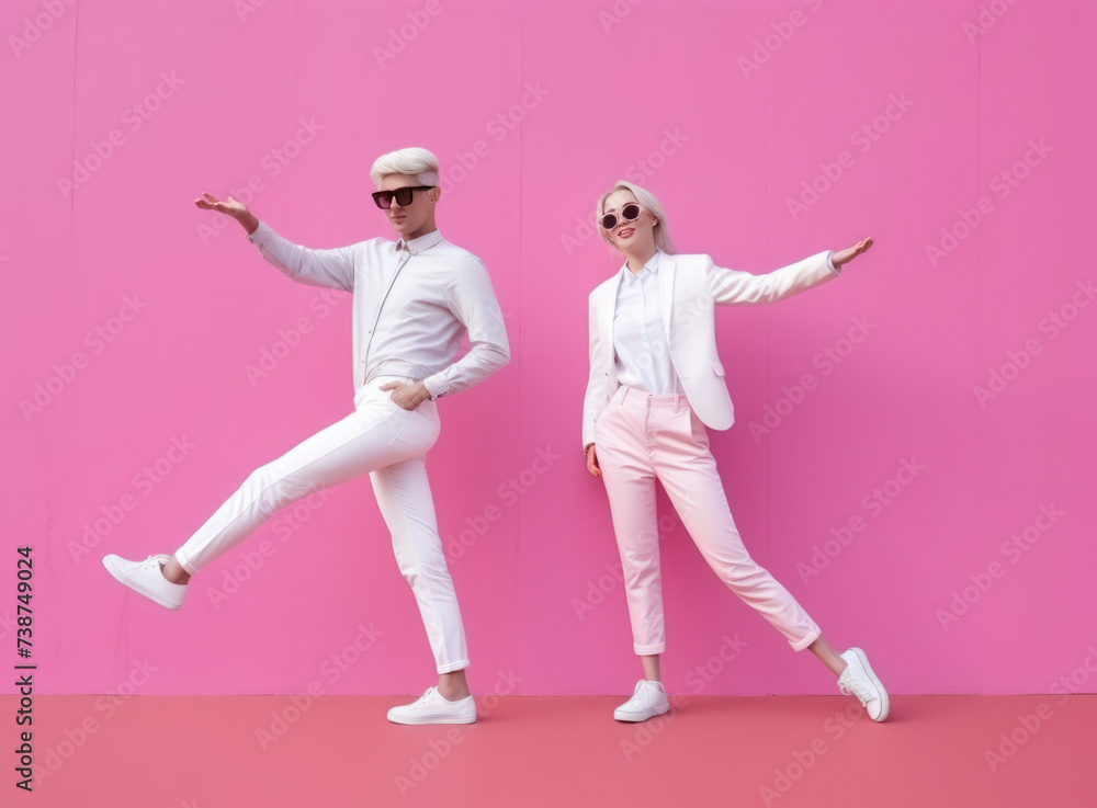 Fashionable couple dancing in chic white and pink attire. Fashionable couple dancing in chic white and pink attire.