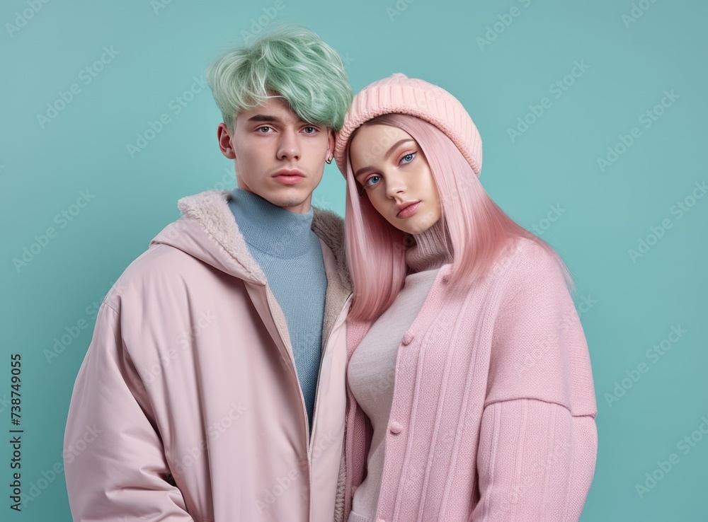 Fashionable couple with pastel pink hair and retro style. Fashionable couple with pastel pink hair and retro style.