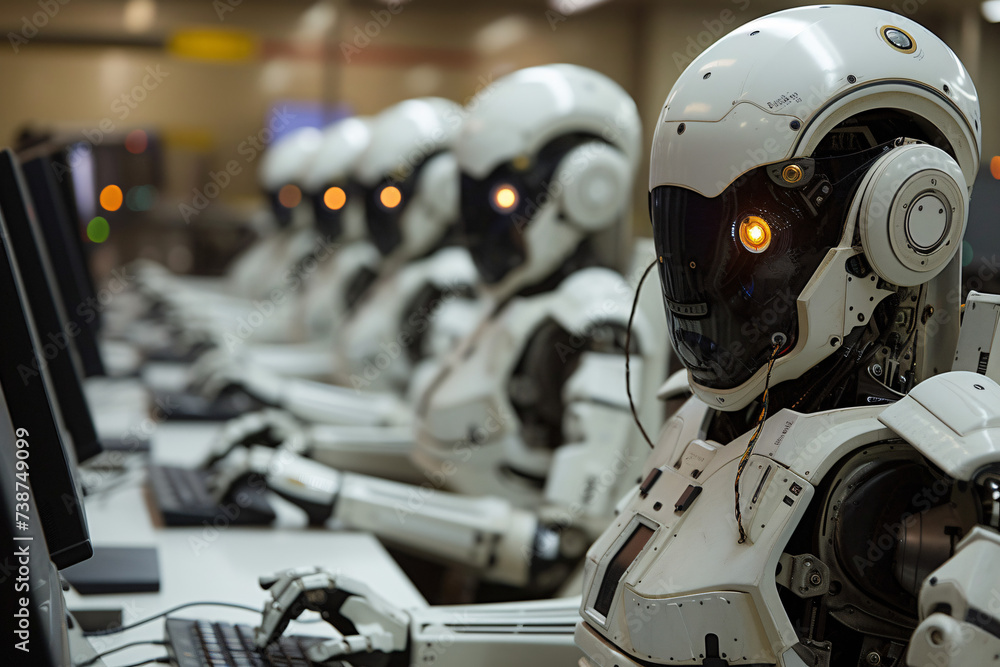 Row of humanoid robots with glowing eyes at a workstation Row of humanoid robots with glowing eyes at a workstation