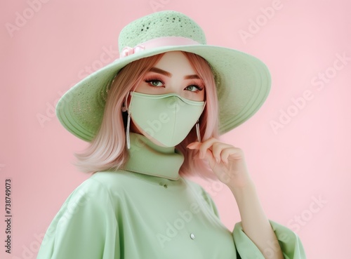 Trendy Person in Lime Green Outfit with Matching Hat and Mask © Marharyta