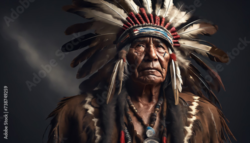 Portrait of an old Indian man. An Indian wearing war paint on a smoky grunge background. Native people. AI generated