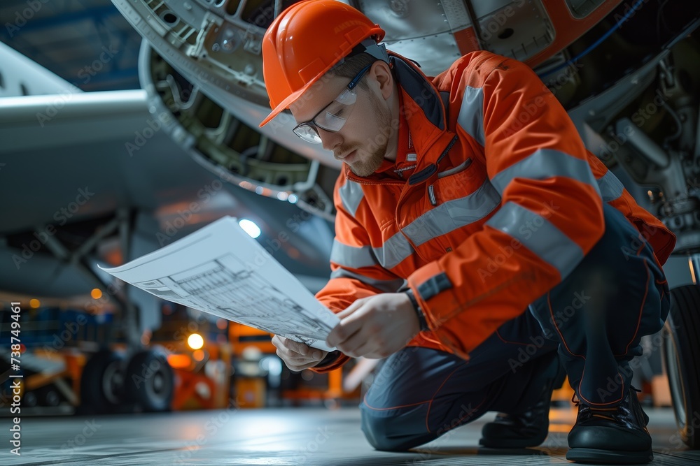 Aeronautical engineer consulting blueprints and technical documents while performing maintenance on the landing gear of a commercial jet in the spacious aircraft repair factory. Aeronautical engineer consulting blueprints and technical documents while performing maintenance on the landing gear of a commercial jet in the spacious aircraft repair factory.