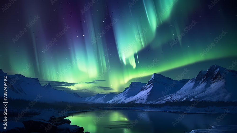 Naklejka premium Northern lights over snowy mountains, coast, reflection in water at night