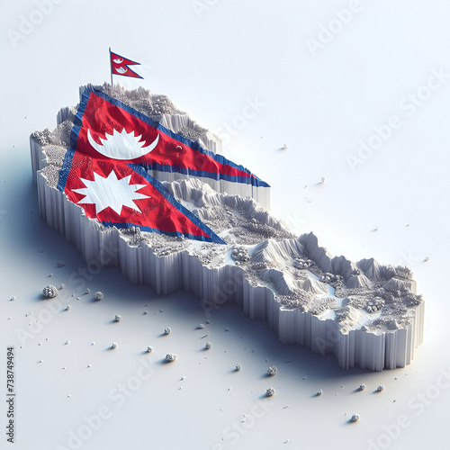 Nepal 3d render map. Nepal country map with its flag isolated on it. 3d illustration design, geographical, topography map