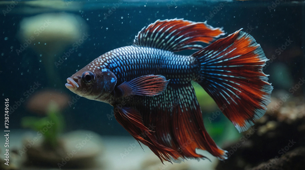 A betta fish dominated by red and blue is in the aquarium A betta fish dominated by red and blue is in the aquarium