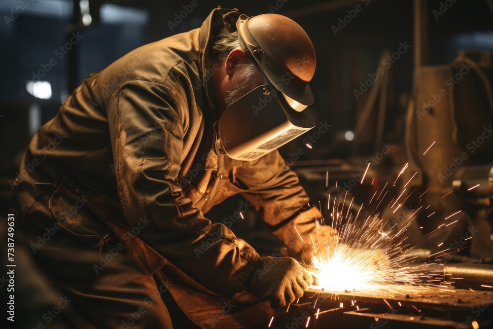 Close-up of workers hands welding metal parts with sparks flying, detailed focus Close-up of workers hands welding metal parts with sparks flying, detailed focus
