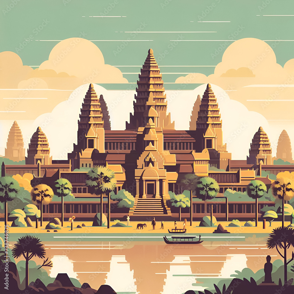 Obraz premium A flat vector illustration of Angkor Wat. A Hindu-Buddhist temple complex in Cambodia. Cambodian religious architecture.