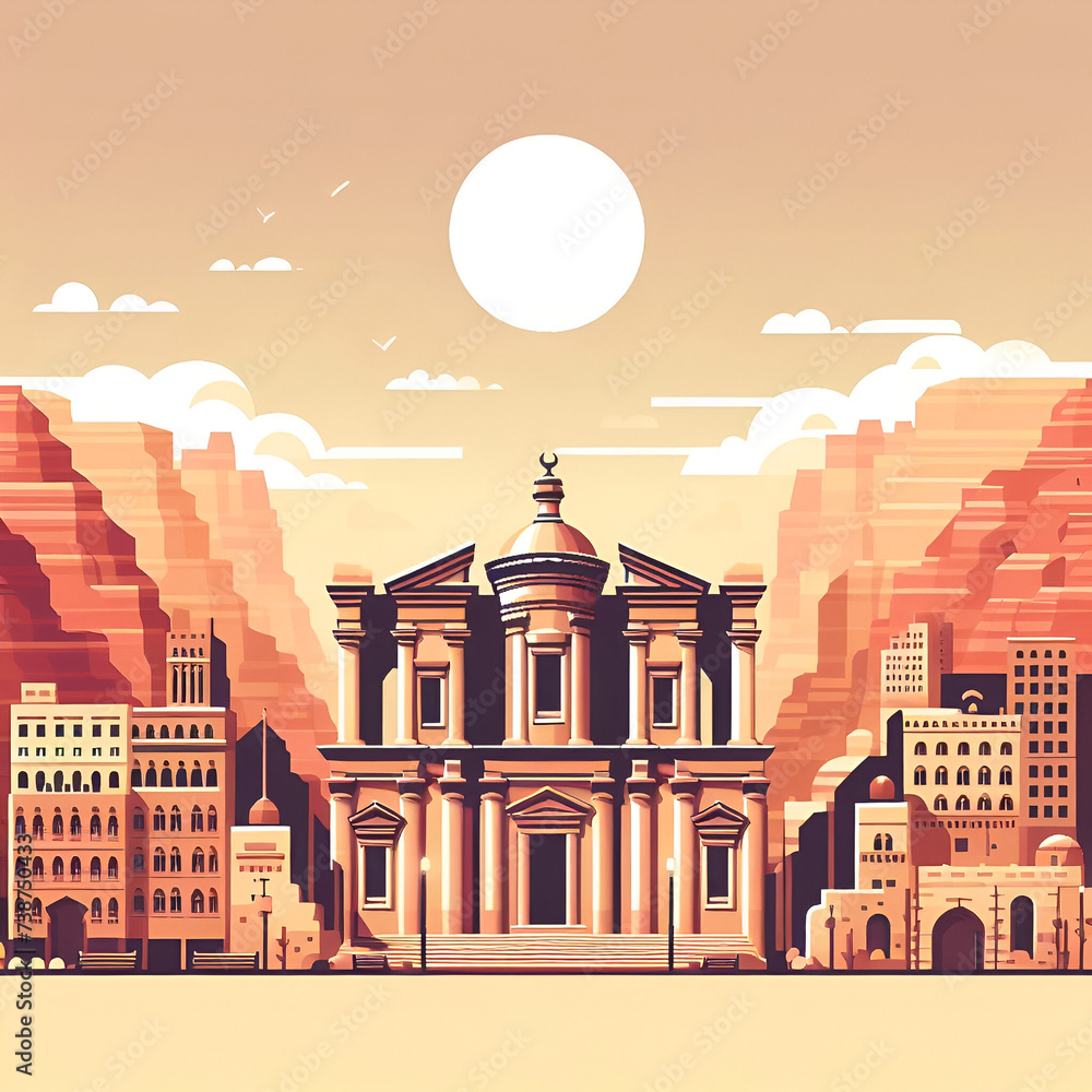 A flat vector illustration design of Petra, Jordan. One of the world's wonders of the world. Beautiful and historical landmark in the middle east.
