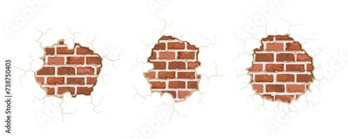 Holes in broken wall and old bricks. Vector cracks in wall  set. Cartoon flat illustration.