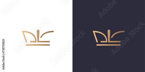 Letter D, L and C logo monogram with crown, minimal style identity initial logo mark. Golden gradient vector emblem logotype for business cards initials. Logo for singer and artists