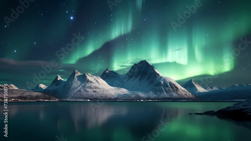 Northern lights over snowy mountains, coast, reflection in water at night © ma