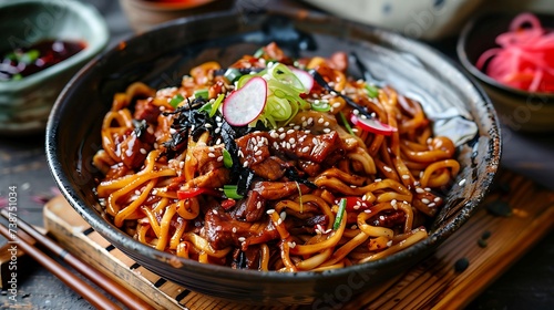 Korean jjajangmyeon noodles with black bean sauce, pork, and vegetables, served with pickled radish photo