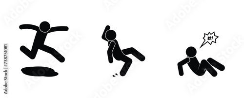 man falling icon, stick figure people illustration, jump on slippery floor