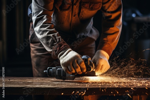 Close-up of workers hands welding metal parts with sparks flying, detailed focus
