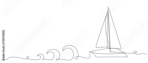 A sailboat on sea waves, a boat, a tray. Hand drawing in the style of one continuous line. Rest on the water.