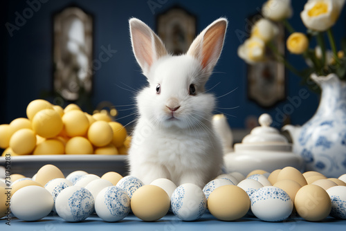 A little fluffy white rabbit and colored Easter eggs