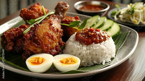 Malaysian nasi lemak coconut rice served with fried chicken, sambal, boiled egg, and cucumber slices