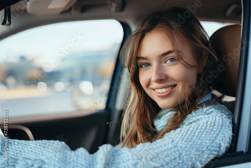A woman radiates pure joy as she smiles at her reflection in the car mirror, showcasing her vibrant clothing and carefree spirit while enjoying the freedom of the open road