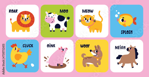 Fototapeta Naklejka Na Ścianę i Meble -  Set of cute cartoon Animals making sounds. Education cards for baby. Animal Talk Cards. Onomatopoeia