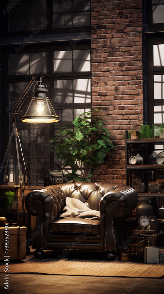 Retro style room interior with leather armchair, brick walls, and large windows