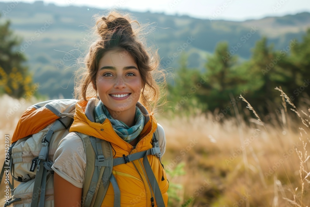 A carefree woman stands in a field, her face beaming with joy as she takes in the breathtaking view of the mountain, dressed in comfortable outdoor clothing and a colorful scarf, ready for a day of h A carefree woman stands in a field, her face beaming with joy as she takes in the breathtaking view of the mountain, dressed in comfortable outdoor clothing and a colorful scarf, ready for a day of h