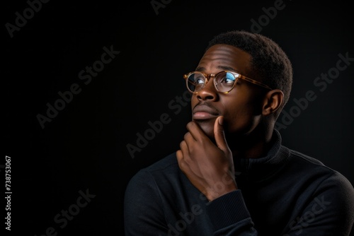 Young African American man wearing glasses isolated on black background, questioning and thoughtful expression questionable concept