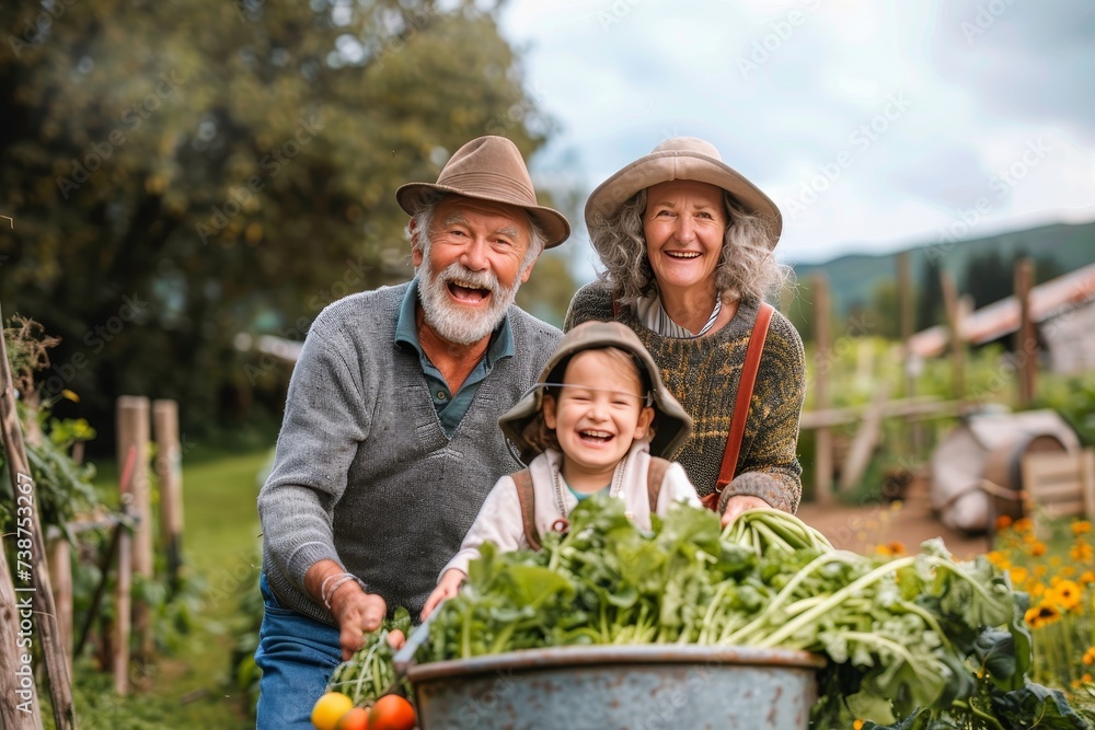 A cheerful group of farmers dressed in vibrant clothing stand outdoors with a wheelbarrow overflowing with fresh vegetables, their sun hats and smiling faces reflecting the warm rays of the sun and t